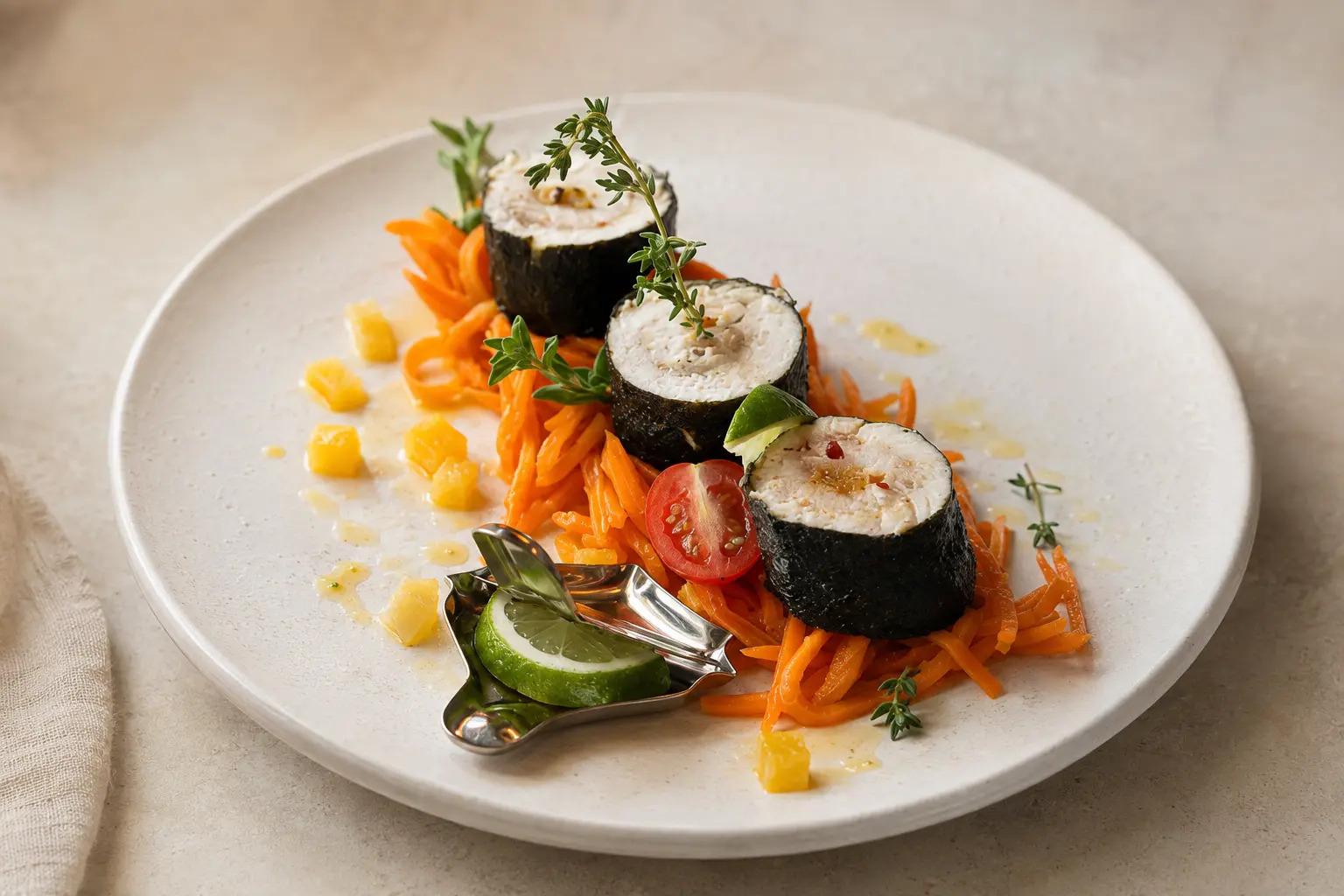 Zanderroulade mit gedünsteten Möhren in Orangensauce