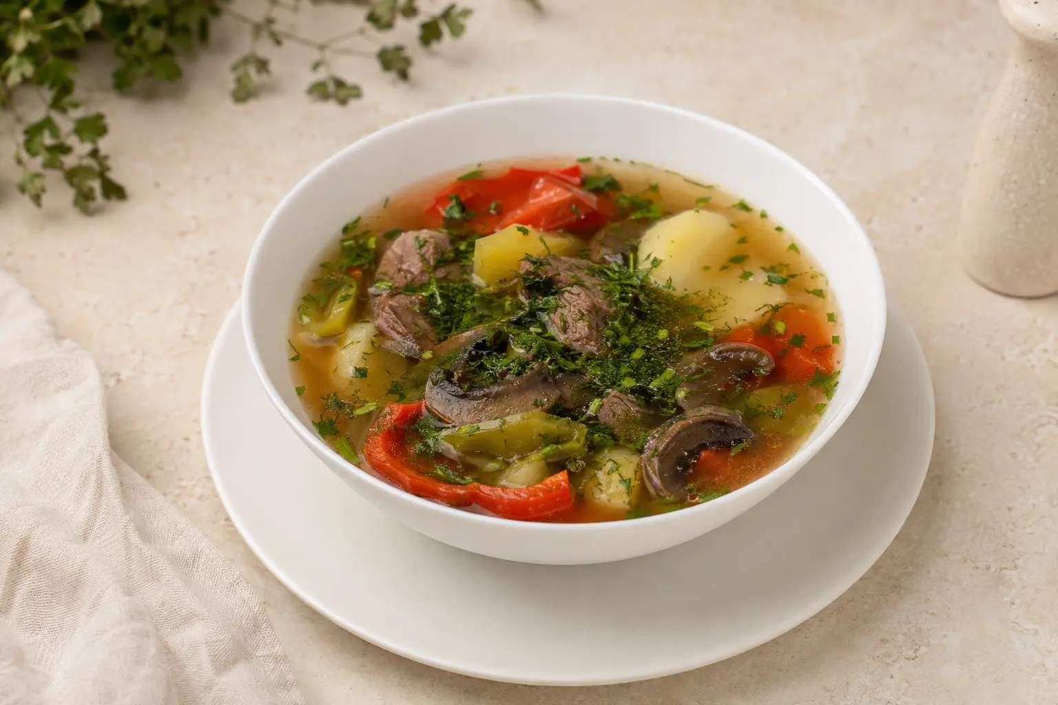 Rindfleischsuppe mit Kartoffeln und Gemüse