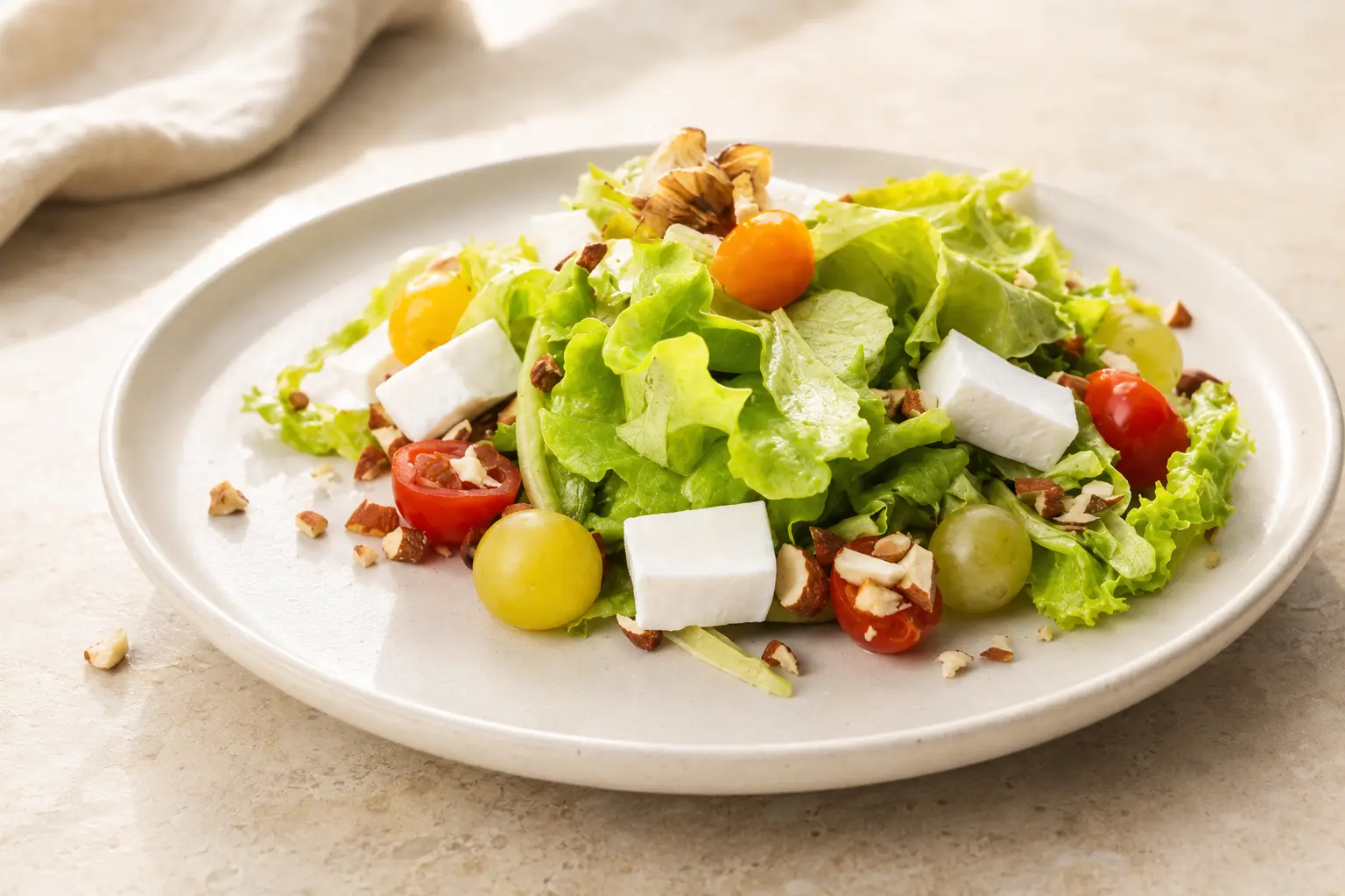 Grüner Salat mit Trauben und Ziegenkäse