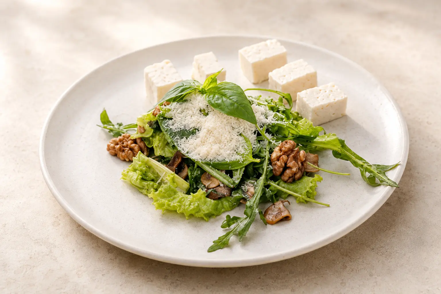 Rucola-Basilikum-Salat mit Pilzen