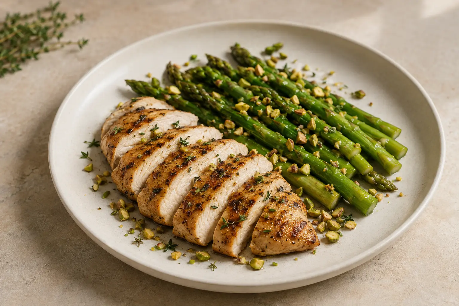 Gebratene Hähnchenbrust mit Spargel und Pistazien