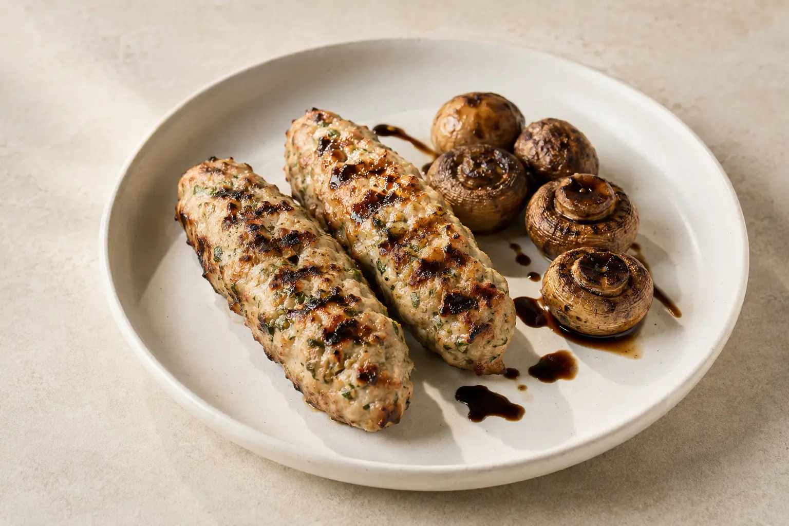 Hähnchen-Lula-Kebab mit Kräutern und Grillchampignons
