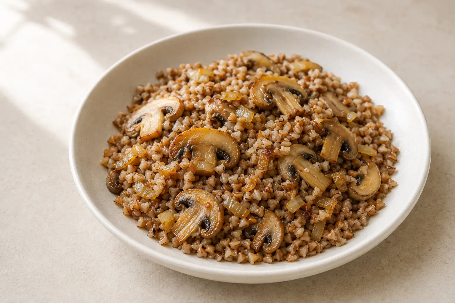 Buchweizenbrei mit Pilzen und Zwiebeln